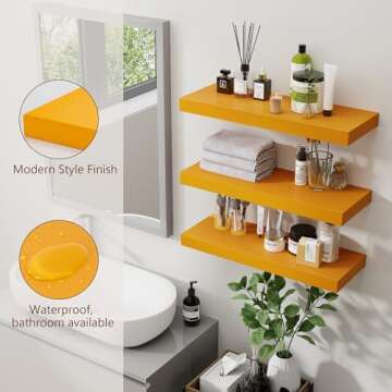 Floating Shelves for Wall, Solid Wood Wall Mounted Shelves Set of 3, Modern Yellow Floating Shelf for Kids' Room Bedroom Living Room Bathroom Kitchen, Shelves for Wall Decor Storage - Yellow