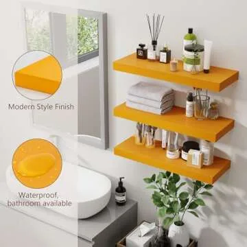 Floating Shelves for Wall, Solid Wood Wall Mounted Shelves Set of 3, Modern Yellow Floating Shelf for Kids' Room Bedroom Living Room Bathroom Kitchen, Shelves for Wall Decor Storage - Yellow
