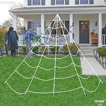KatchOn, 200" Halloween Spider Web Triangular - Halloween Decorations Outdoor | Giant Light Up Spider for Outdoor - 4Ft, Realistic Hairy LED Spider | Large Rope Spider Web with Hook, Halloween Decor