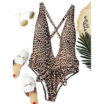 SweatyRocks Women's Sexy Bathing Suits Criss Cross Tie Knot Front Deep V Open Back Leopard One Piece Swimwear Multi S