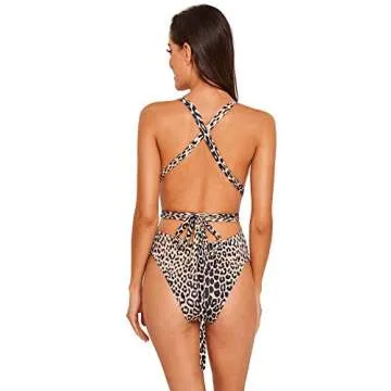 SweatyRocks Women's Sexy Bathing Suits Criss Cross Tie Knot Front Deep V Open Back Leopard One Piece Swimwear Multi S