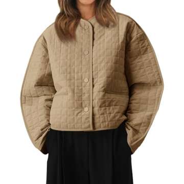 Cicy Bell Womens Lightweight Quilted Jacket Fall Casual Collarless Puffer Coats Long Sleeve Button D...