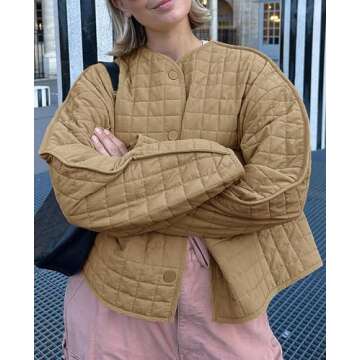 Cicy Bell Womens Lightweight Quilted Jacket Fall Casual Collarless Puffer Coats Long Sleeve Button Down Outerwear