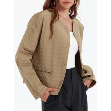 Cicy Bell Womens Lightweight Quilted Jacket Fall Casual Collarless Puffer Coats Long Sleeve Button Down Outerwear