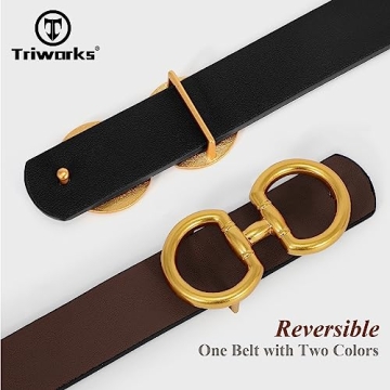 TRIWORKS Women Reversible Leather Belt for Jeans Pants Fashion Ladies Belt with Gold Buckle, C-Black+Coffee, Suit for Waist 26"-32"