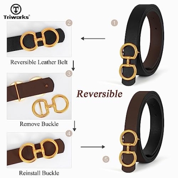 TRIWORKS Women Reversible Leather Belt for Jeans Pants Fashion Ladies Belt with Gold Buckle, C-Black+Coffee, Suit for Waist 26"-32"