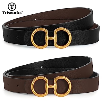 TRIWORKS Women Reversible Leather Belt for Jeans Pants Fashion Ladies Belt with Gold Buckle, C-Black+Coffee, Suit for Waist 26"-32"