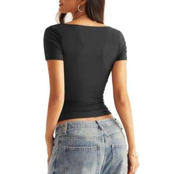 EasyGala Womens Short Sleeve Scoop Neck T Shirt Double Lined Tops Slim Fit Basics Tee Summer Clothes 2024 Black