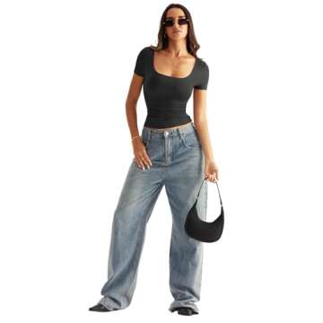 EasyGala Womens Short Sleeve Scoop Neck T Shirt Double Lined Tops Slim Fit Basics Tee Summer Clothes 2024 Black