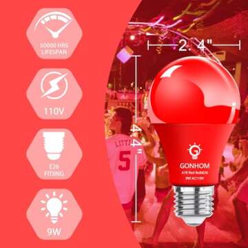 Gonhom 2 Pack A19 LED Red Light Bulb,9 Watt Red Lights Equivalent 100 Watt Colored Light Bulbs,E26 Base Red LED Lights for Party Decoration, Holiday Lighting,Halloween Light Bulbs…