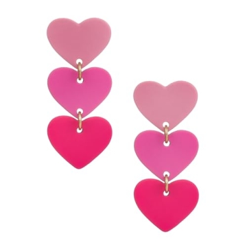 Madison Tyler Heart Pink Earrings for Women | Statement Lightweight Acrylic Hot Pink Heart Trio Dang...