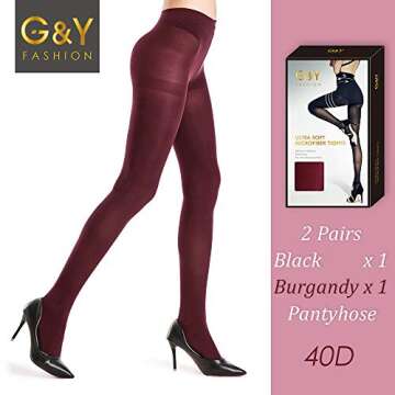 G&Y 2 Pairs Semi Opaque Tights for Women - 40D Microfiber Control Top Pantyhose(S, Black & Burgandy)