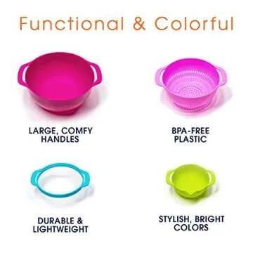 Cheer Collection 15 Piece Nested Bowl Set with Mixing Bowls, Colander, Sifter and Measuring Spoons, BPA-Free Bright Colorful Plastic Space-Saving Food Prep