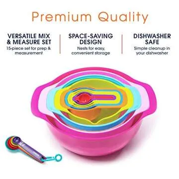 Cheer Collection 15 Piece Nested Bowl Set with Mixing Bowls, Colander, Sifter and Measuring Spoons, BPA-Free Bright Colorful Plastic Space-Saving Food Prep