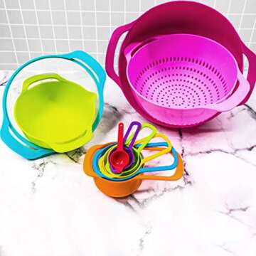 Cheer Collection 15 Piece Nested Bowl Set with Mixing Bowls, Colander, Sifter and Measuring Spoons, BPA-Free Bright Colorful Plastic Space-Saving Food Prep