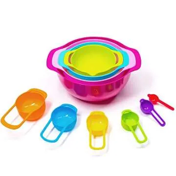 Cheer Collection 15 Piece Nested Bowl Set with Mixing Bowls, Colander, Sifter and Measuring Spoons, BPA-Free Bright Colorful Plastic Space-Saving Food Prep