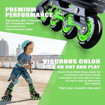 2PM SPORTS Torinx Boys Adjustable Inline Skates, Fun Beginner Roller Skates for Kids, Youth, Girls, Men and Women - Green Medium