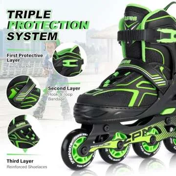 2PM SPORTS Torinx Boys Adjustable Inline Skates, Fun Beginner Roller Skates for Kids, Youth, Girls, Men and Women - Green Medium