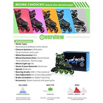 2PM SPORTS Torinx Boys Adjustable Inline Skates, Fun Beginner Roller Skates for Kids, Youth, Girls, Men and Women - Green Medium