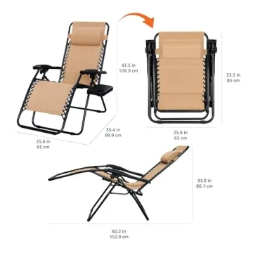 Amazon Basics Outdoor Mesh Adjustable Zero Gravity Lounge Chair Recliners with Side Table, 35 x 26 x 43 inches, Beige