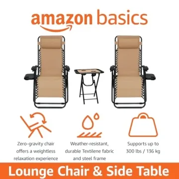 Amazon Basics Outdoor Mesh Adjustable Zero Gravity Lounge Chair Recliners with Side Table, 35 x 26 x 43 inches, Beige