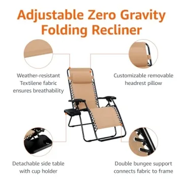 Amazon Basics Outdoor Mesh Adjustable Zero Gravity Lounge Chair Recliners with Side Table, 35 x 26 x 43 inches, Beige