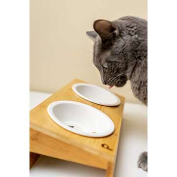 Elevated Bamboo Pet Table with Ceramic Bowls Raised Anti-Slip Tilted Station for Cats Dogs Food/Drink Water-Resistant Surface Clean Feeding and Good Digestion for Pets by Pawmosa (Fish and Bone)