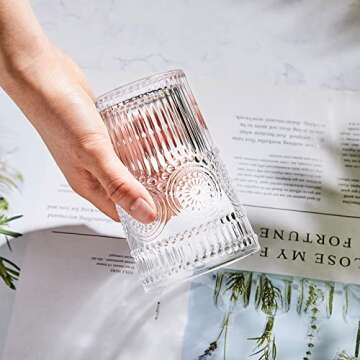 6 Pieces Glass Mugs Vintage Drinking Glasses Embossed Clear Glasses Mugs Juice Water Cocktail Stackable Glass Coffee Cups for Tea Beverage, Dessert, Cereal, Yogurt Glassware Decor