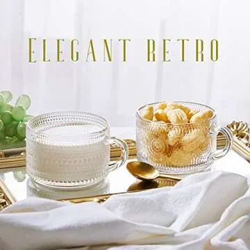 6 Pieces Glass Mugs Vintage Drinking Glasses Embossed Clear Glasses Mugs Juice Water Cocktail Stackable Glass Coffee Cups for Tea Beverage, Dessert, Cereal, Yogurt Glassware Decor