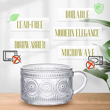 6 Pieces Glass Mugs Vintage Drinking Glasses Embossed Clear Glasses Mugs Juice Water Cocktail Stackable Glass Coffee Cups for Tea Beverage, Dessert, Cereal, Yogurt Glassware Decor