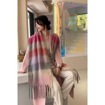 Wander Agio Winter Women Warm Scarf Long Shawl Large Scarves Cold Weather Thick Blanket Scarfs Colorful Plaid Grey Red Purple 28