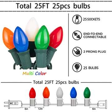 Govetom 25Ft C7 LED Christmas Lights - Vibrant Multicolor for Indoor and Outdoor Holiday Decor