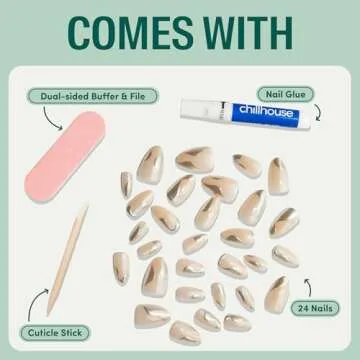 Chillhouse Chill Tips Signatures Press On Nails Kit, Tipsy Tinsel (Almond) - 24 Nail Shapes & Sizes, Dual-Sided Buffer & File, Cuticle Stick & Glue - Long-Lasting Nail Art Manicures
