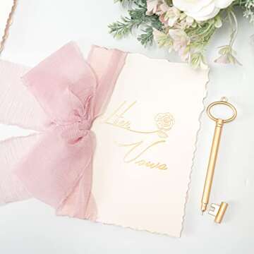 Calculs Handmade Vow Books His and Her Vow Cards with Fringe Chiffon Ribbon Vintage Wedding Vow 2 Pcs