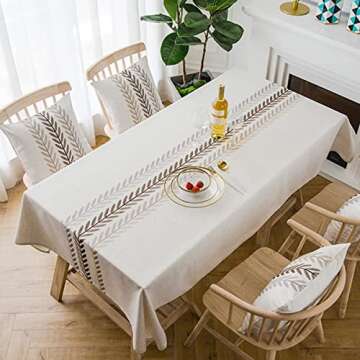 Linen Rectangle Table Cloth Waterproof Fabric Farmhouse Burlap Rustic Boho Embroidered Leaf Tasseled...