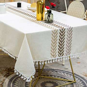 Linen Rectangle Table Cloth Waterproof Fabric Farmhouse Burlap Rustic Boho Embroidered Leaf Tasseled Oblong Tablecloth for Party, Camping, Picnic, Kitchen and Dining Room Table Decor, 55 x 86 Inches