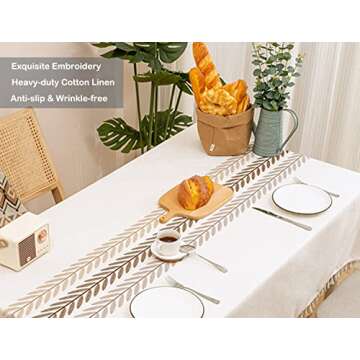 Linen Rectangle Table Cloth Waterproof Fabric Farmhouse Burlap Rustic Boho Embroidered Leaf Tasseled Oblong Tablecloth for Party, Camping, Picnic, Kitchen and Dining Room Table Decor, 55 x 86 Inches