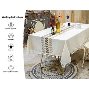 Linen Rectangle Table Cloth Waterproof Fabric Farmhouse Burlap Rustic Boho Embroidered Leaf Tasseled Oblong Tablecloth for Party, Camping, Picnic, Kitchen and Dining Room Table Decor, 55 x 86 Inches