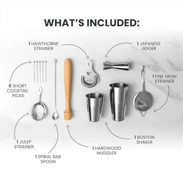 A Bar Above 14-Piece Professional Bartender Gift Set, Premium Barware Accessories, for Home Bar, Bartending Gift Kit, Includes Shaker, Jigger, Strainers, and More