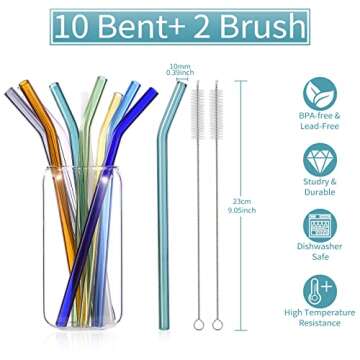 RENYIH 10 Pcs Reusable Bent Glass Drinking Straws,9''x10 mm Colorful Glass Straws for Beverages, Shakes, Milk Tea, Juices,Set of 10 Bent with 2 Cleaning Brushes -Shatter Resistant