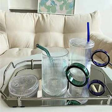 RENYIH 10 Pcs Reusable Bent Glass Drinking Straws,9''x10 mm Colorful Glass Straws for Beverages, Shakes, Milk Tea, Juices,Set of 10 Bent with 2 Cleaning Brushes -Shatter Resistant