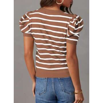 Dokotoo Womens Fashion Causal Khaki Blouses Summer 2025 Short Puff Sleeve Stripe Shirts Ladies Slim ...