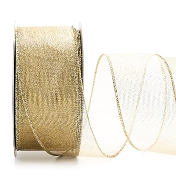ALTIER 2.5 Inch x 40 Yards Light Gold Metallic Wired Ribbon for Christmas Home Decoration Gift Wrapp...