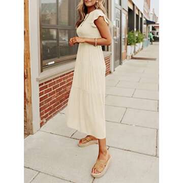 ZCSIA Women's 2024 Summer Casual Ruffle Short Sleeve Crewneck Smocked Tiered A Line Midi Dress,Beige,Medium