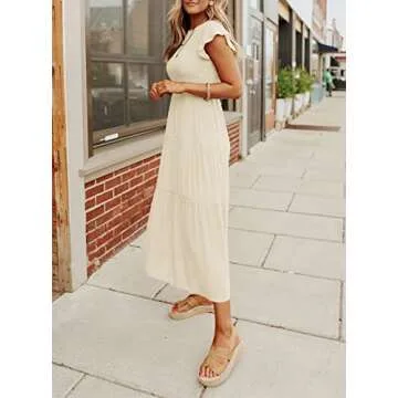 ZCSIA Women's 2024 Summer Casual Ruffle Short Sleeve Crewneck Smocked Tiered A Line Midi Dress,Beige,Medium