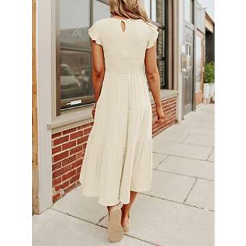 ZCSIA Women's 2024 Summer Casual Ruffle Short Sleeve Crewneck Smocked Tiered A Line Midi Dress,Beige,Medium