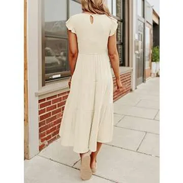 ZCSIA Women's 2024 Summer Casual Ruffle Short Sleeve Crewneck Smocked Tiered A Line Midi Dress,Beige,Medium