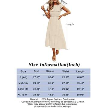 ZCSIA Women's 2024 Summer Casual Ruffle Short Sleeve Crewneck Smocked Tiered A Line Midi Dress,Beige,Medium