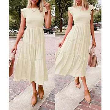 ZCSIA Women's 2024 Summer Casual Ruffle Short Sleeve Crewneck Smocked Tiered A Line Midi Dress,Beige,Medium