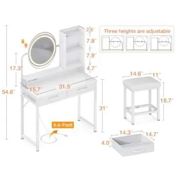 AODK Vanity Desk with Lights & Adjustable Mirror for All